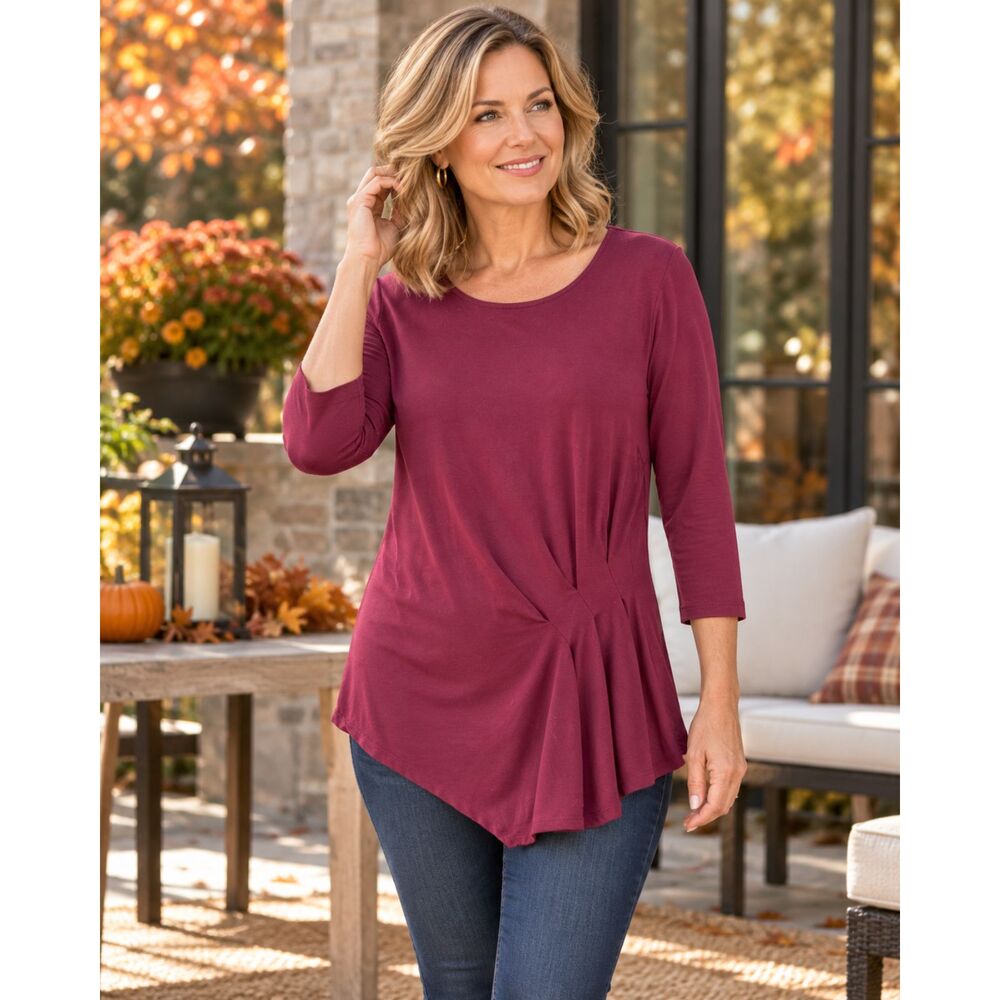 Vince Camuto Burgundy Draped Asymmetrical Tunic Top Small 3/4 Sleeve Soft Girl